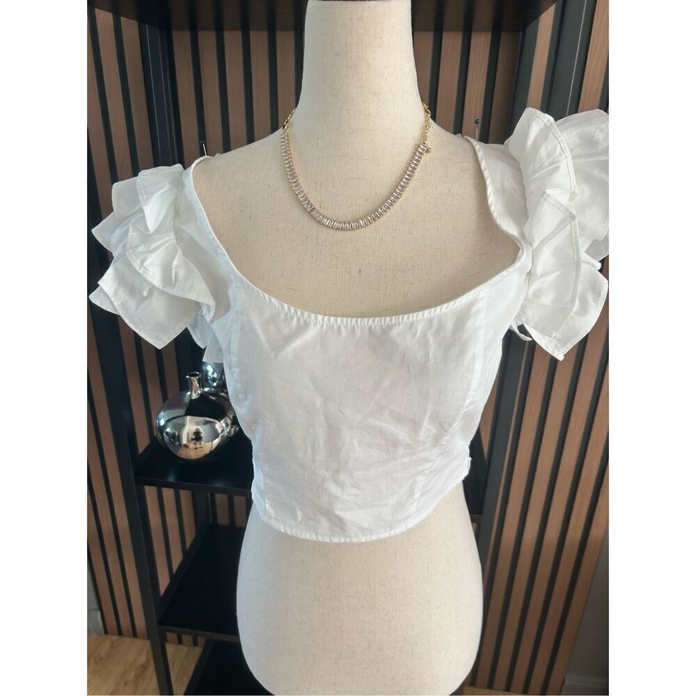 ZARA Poplin Puff Sleeve Button Crop Top white size medium